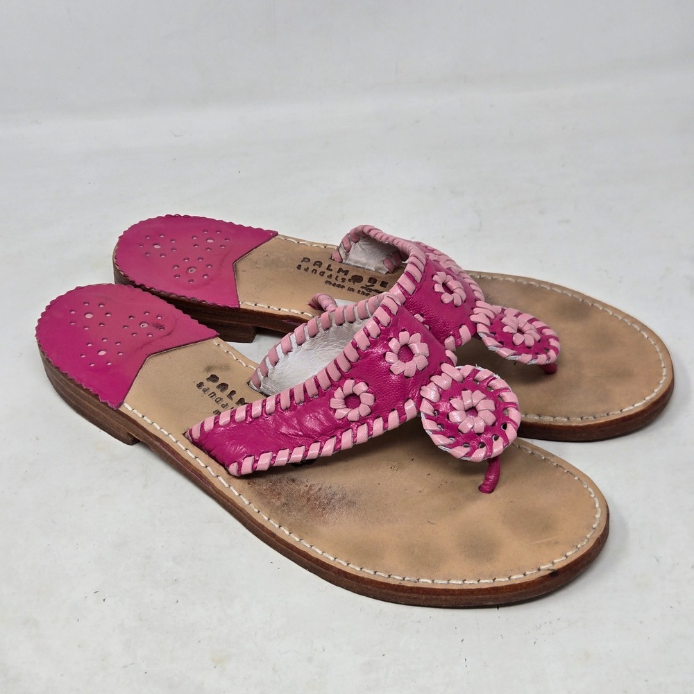 Palm Beach Sandals Size 9 Pink Leather Whipstitch Thong Flat Sandals Made in USA